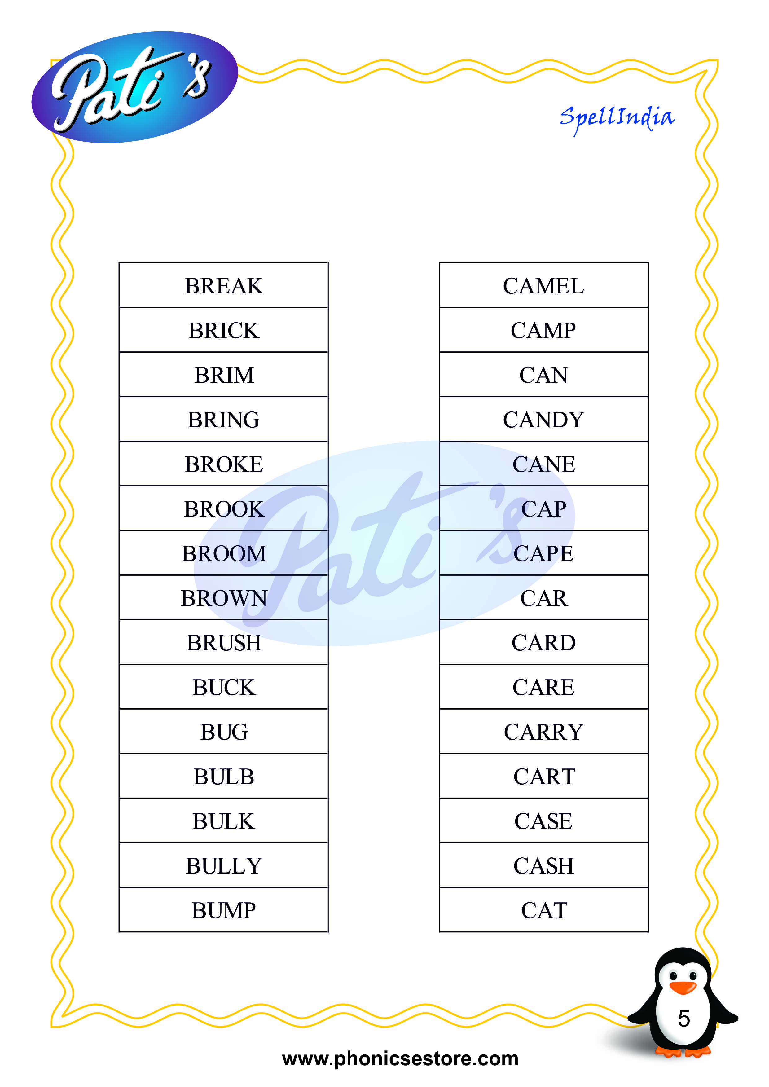 Pati Spelling Bee word list senior kg